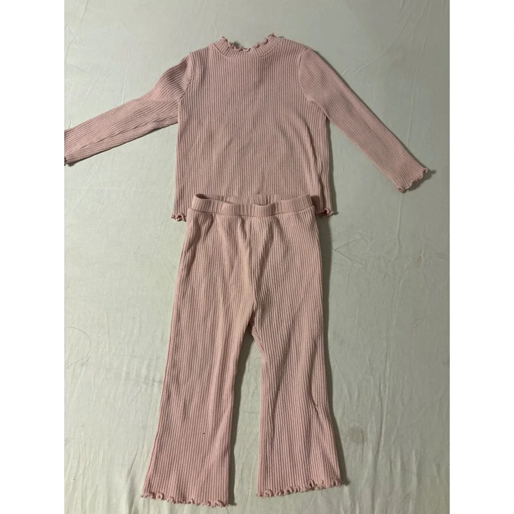 Old Navy 2-Piece Ribbed Set Toddler 18-24M Pink Excellent Lettuce Trim Flare Leg